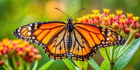 Obraz premium Delicate monarch butterfly perched on a milkweed flower, showcasing its vibrant orange and black wings, with intricate details of veins and scales , insect, flower