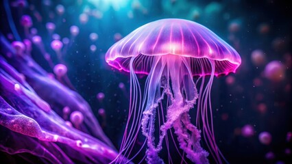 Fototapeta premium Aquarium Jellyfish Under Purple Neon Light, oceanic, underwater scene, oceanic
