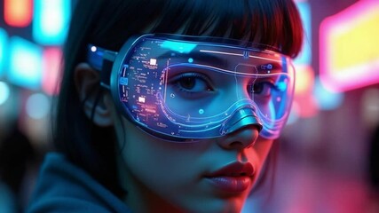 Futuristic Girl Wearing Digital AR Goggles - Video Footage - Powered by Adobe