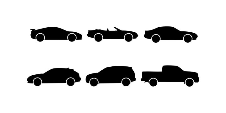 A collection of six black silhouette icons representing various types of cars, arranged in two rows of three cars each. Each silhouette depicts a side profile of a vehicle, showing a variety of body s