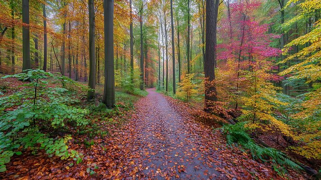 Autumnal forest path colorful leaves trees nature scenery