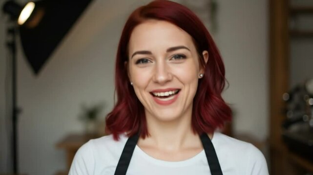 Cheerful barista with red hair holding latte