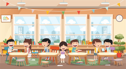 School class or kindergarten interior with kids sitting behind desks. Cartoon style vector illustration.