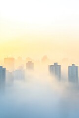 Fototapeta premium Foggy urban skyline at sunrise with modern skyscrapers