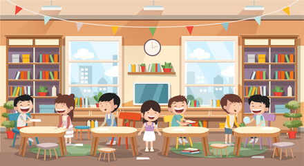 School class or kindergarten interior with kids sitting behind desks. Cartoon style vector illustration.