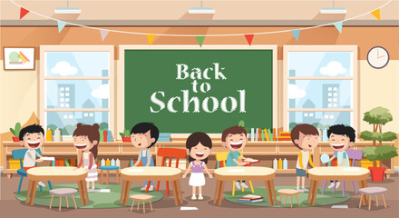 School class or kindergarten interior with kids sitting behind desks. Cartoon style vector illustration.