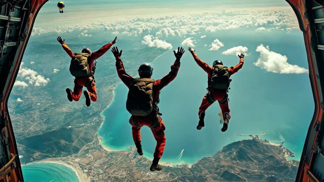 Group of skydivers leaps from airplane to enjoy breathtaking views over coastline and ocean, A group of skydivers jumps out of a plane to explore the aerial landscape