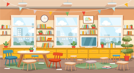School class or kindergarten interior with kids sitting behind desks. Cartoon style vector illustration.