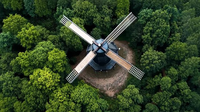 Aerial view of a dark-colored windmill with wooden blades, situated in the center of a lush green forest.  The windmill is surrounded by a small, cleared area