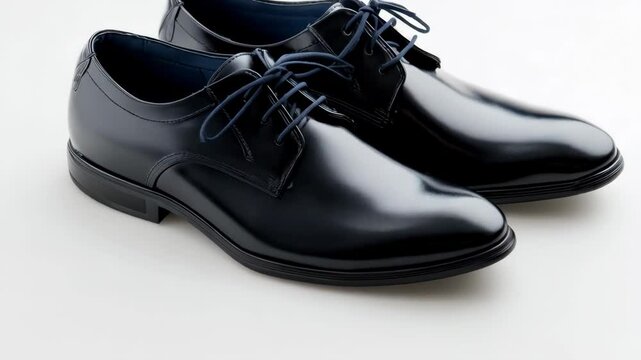 Close-up of two glossy black leather dress shoes with dark blue shoelaces on a white background, suitable for formal wear and business