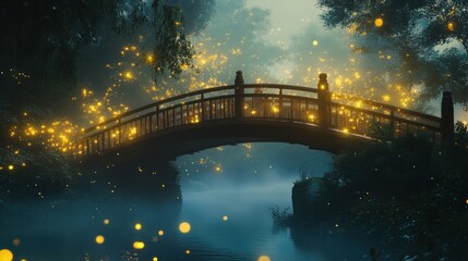 Mystical bridge illuminated by fireflies at twilight with whimsical atmosphere