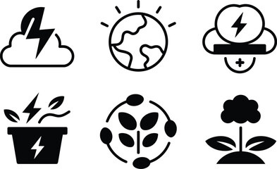 Naklejka premium A collection of six black and white icons depicting renewable energy and environmental sustainability