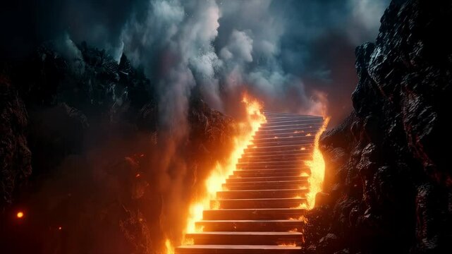 Dramatic stone stairway engulfed in flames, leading up into ominous dark smoky skies, evoking a sense of peril and intense atmosphere.