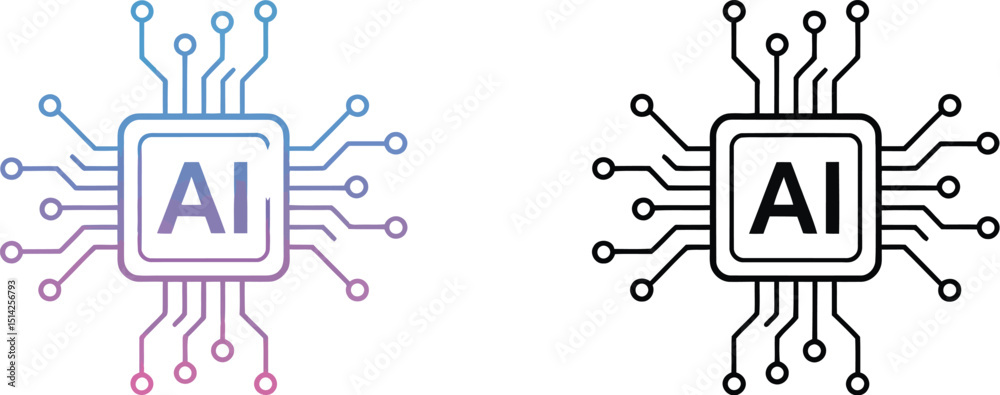Poster three ai chip icons with different color schemes on dark, white and light backgrounds in a row forma