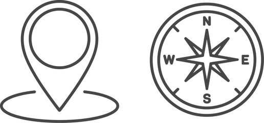 A simple line drawing of a location pin and a compass on a white background in a minimalist style