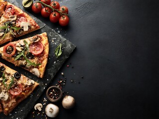 Delicious pizza slices with mushrooms and tomatoes on dark background