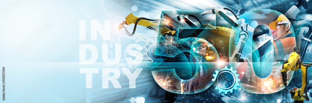 Poster Industry 5.0 concept, Ai technology for Smart factory, Engineer check and control welding robotics automatic arms machine with intelligent software, Industrial Automation robot, Digital manufacturing 