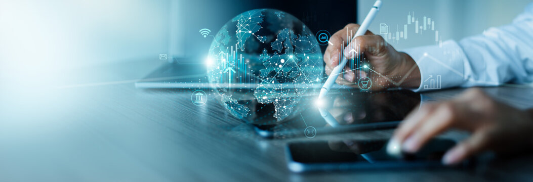 Global business structure of network. business growth, finance and banking, Stock, Analysis and data exchange customer connection, Customer service, Teamwork, Strategy, Technology and social network.