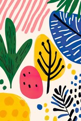 Colorful abstract botanical art with bold shapes and leaf patterns