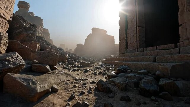 Sunlit path through ancient stone ruins, scattered rocks and dust, bright sunlight, evocative of history and mystery
