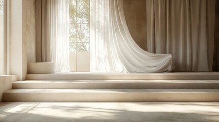 Serene Minimalist Interior Design with Draped Fabric and Sunlight