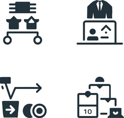 A collection of four business related icons including supplier, qontlu fership, supply chain, transaction