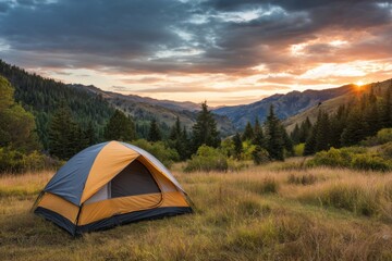Camping tent at sunset on white background