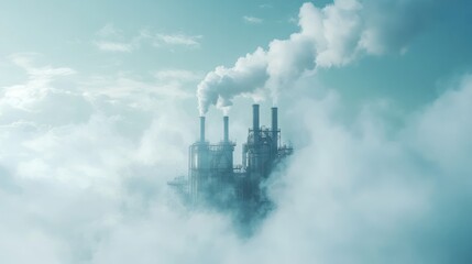Fototapeta premium Atmospheric industrial landscape with factory shrouded in clouds emissions