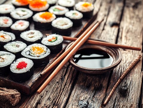 Delicious assorted sushi rolls on rustic wooden board with soy sauce and chopsticks