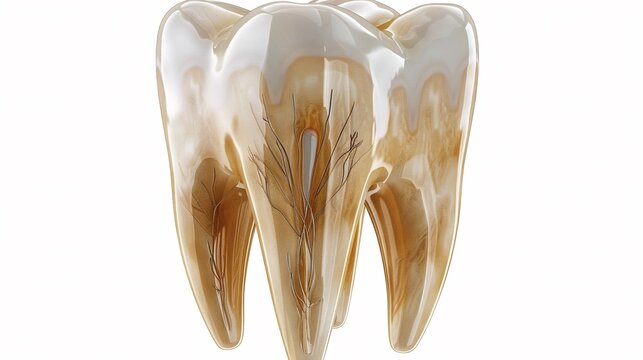 High detail rendering of a molar tooth with visible enamel dentin and pulp layers isolated on a white background