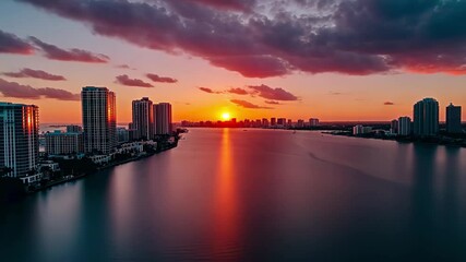 Stunning sunset over Edgewater Miami with shimmering waters and skyline, Aerial lateral b roll footage Edgewater Miami awesome sunset