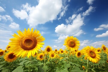 Vibrant sunflowers blooming under a summer sky