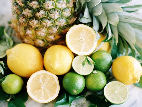 Fresh lemons limes pineapple citrus fruits summer - Powered by Adobe