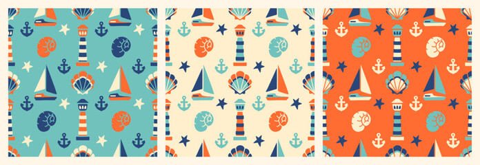 Playful seamless patterns with anchors, boats, and seashells in limited color palette. Summer textile design background, children's apparel design or seaside-themed projects