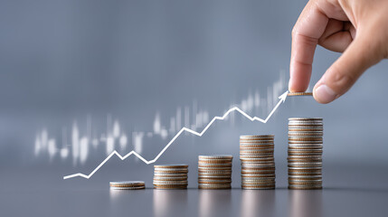 Financial scene of financial people holding coins on the background of K-line chart