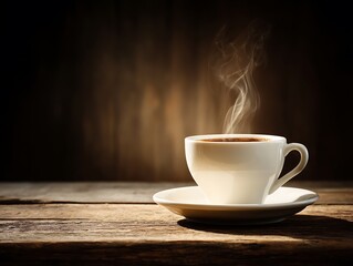 Obraz premium Aromatic coffee steam rising from white cup on rustic wood