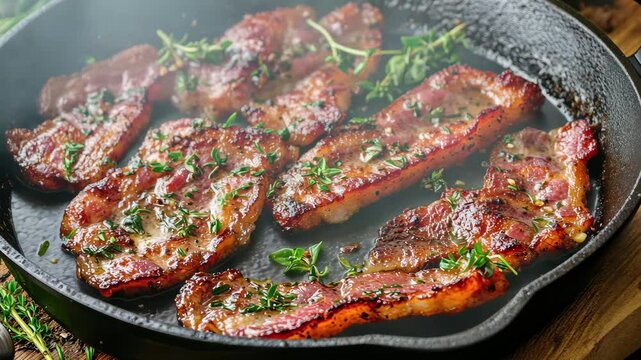 Crispy bacon frying in a cast iron pan with garlic and herbs at a cozy kitchen, Crispy bacon frying in cast iron pan with garlic and fresh herbs Culinary cooking concept