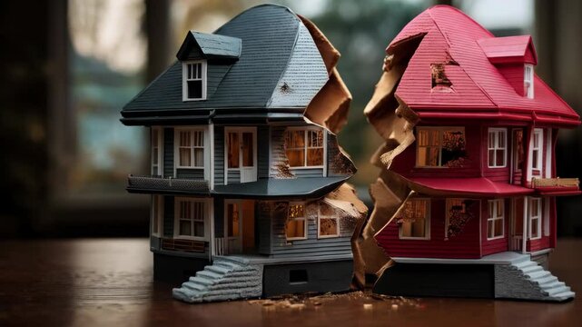 Concept showing two house models split apart, representing separation, divorce, property division, or real estate market crash.