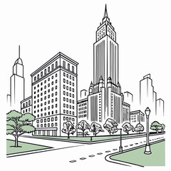 Cityscape illustration tall building street trees urban landscape design