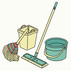 Cleaning supplies mop bucket and scrub brush cartoon illustration