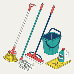 Cleaning supplies mop bucket broom spray bottle cleaning tools