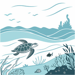 Sea turtle ocean scene underwater life aquatic birds coastal calm