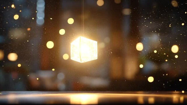Glowing cube levitates above a dark surface, surrounded by sparkling particles and warm bokeh lights.  A magical, ethereal atmosphere