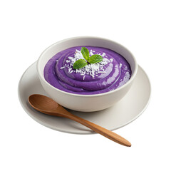 Purple yam halaya ube recipe filipino dessert with coconut and mint in a white bowl dish