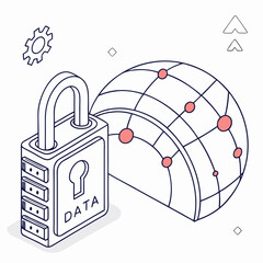 Global data security network protection lock isometric illustration