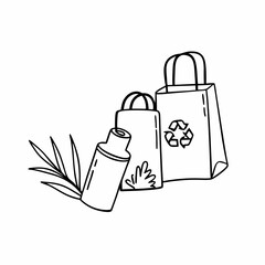 Eco-friendly shopping bags and bottle illustration isolated on white