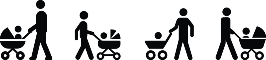 Father Pushing Baby Stroller Vector Illustration

