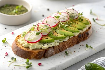 Fresh Avocado Toast on Sourdough with Radish and Microgreens

