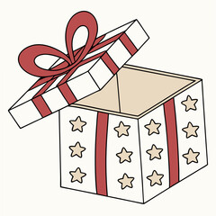 Open gift box with red ribbon and stars design element on white background
