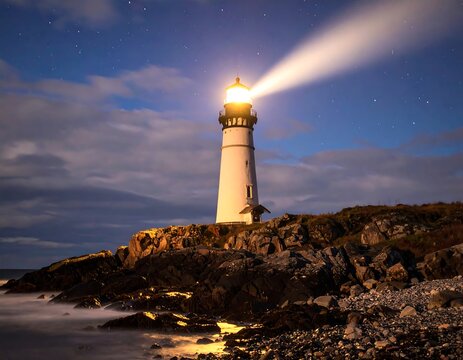 Lighthouse guiding light at night